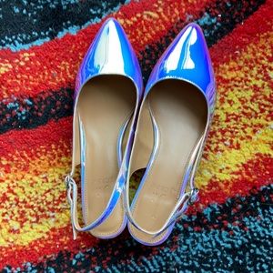 J. Crew holographic sling back low block heel